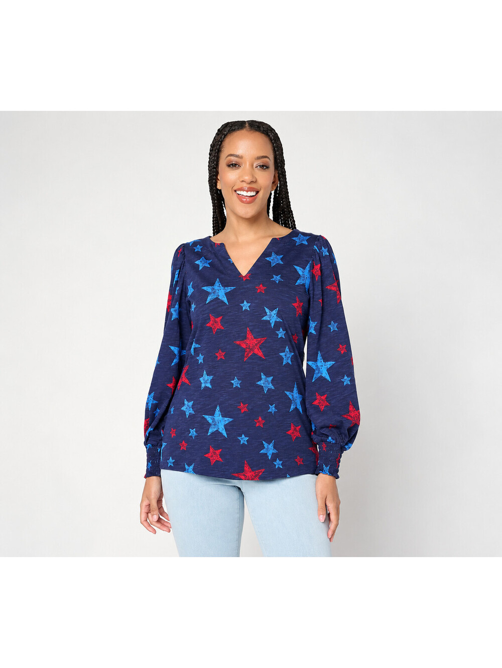 Belle by Kim Gravel Slub Knit Smocked Sleeve Printed Top Americana Stars Medium